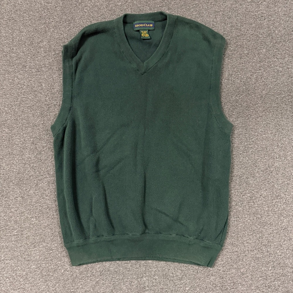 Vintage Izod Club Sweater Vest Mens L Green Good V-Neck Cotton Knit Sleeveless